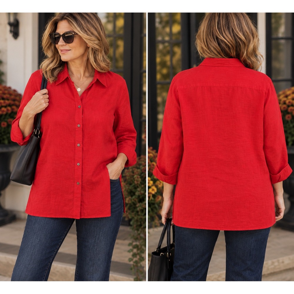 CHAPS Women's 2X Red 100% Linen Button Down Shirt Tunic